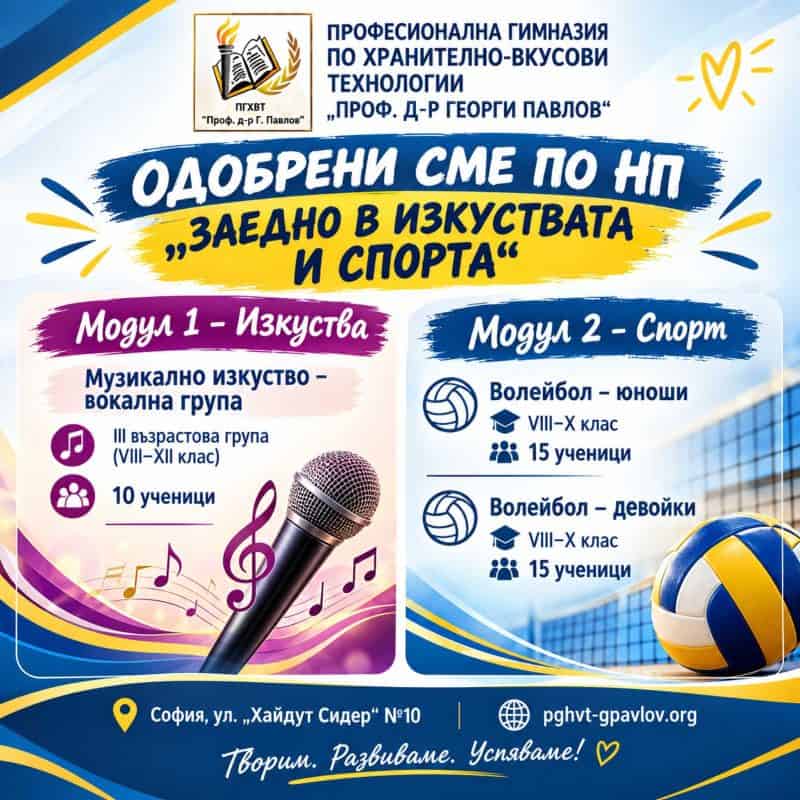 Образователна и спортна програма в ПГХВТ, София, с музика и волейбол.